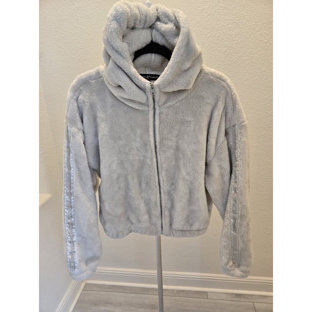 Almost Famous Rhinestone Fuzzy Bling Cropped Y2K Sherpa Zip-Up Hood Jacket